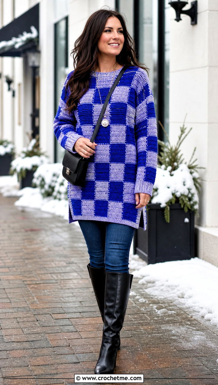 Crochet Gingham Tunic Sweater With Slim Jeans And Boots - 25 Crochet Gingham Sweater outfit ideas