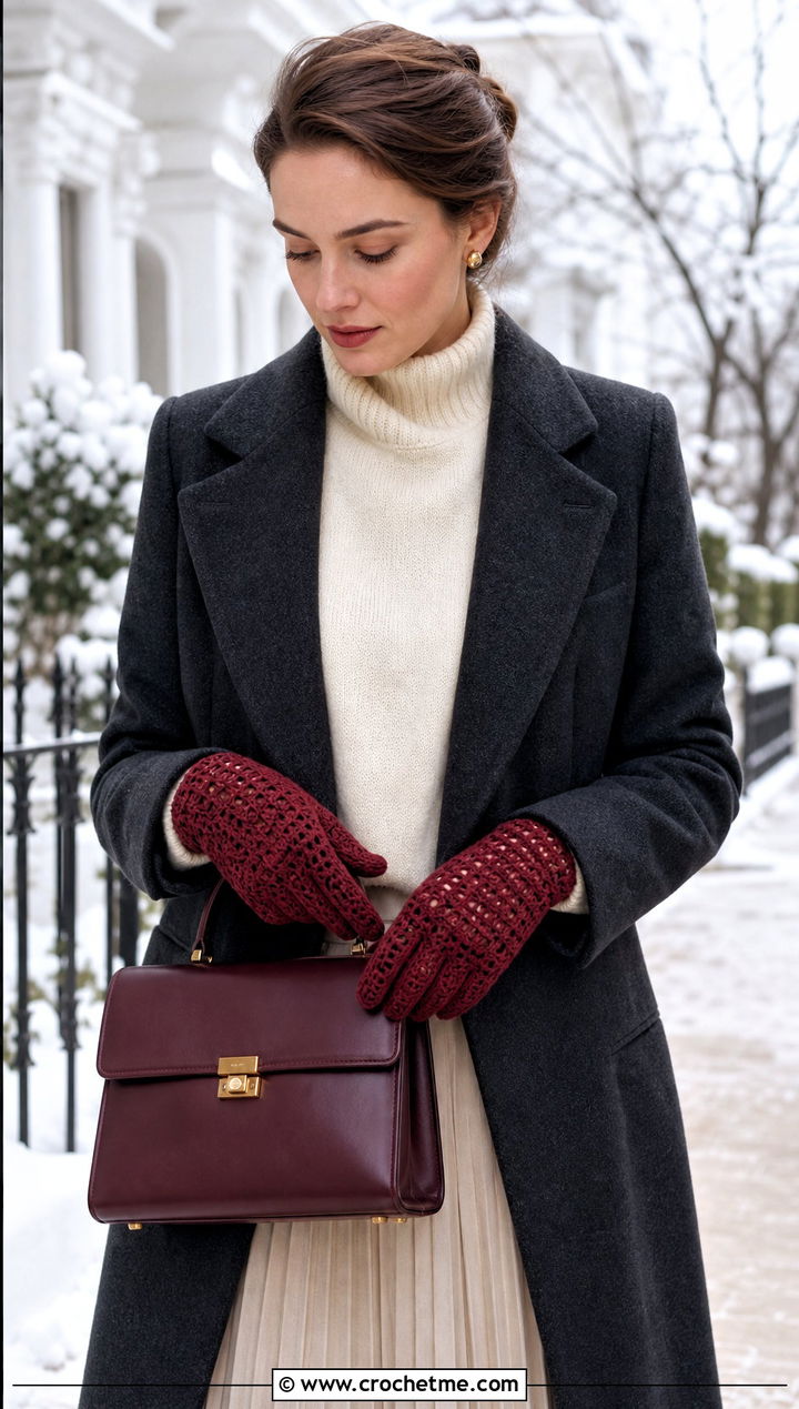 Crochet Gloves With Wool Coat And Midi Skirt - 35 old money crochet outfits ideas