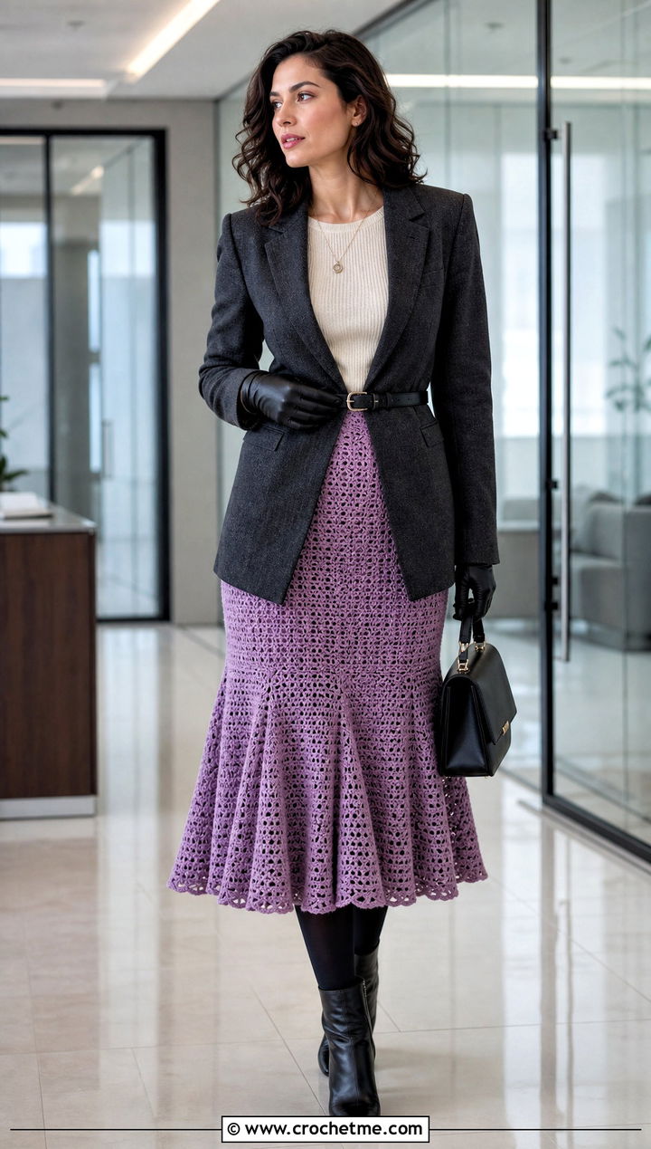 Crochet Godet Skirt With Belted Blazer - 35 crochet winter skirt outfit ideas