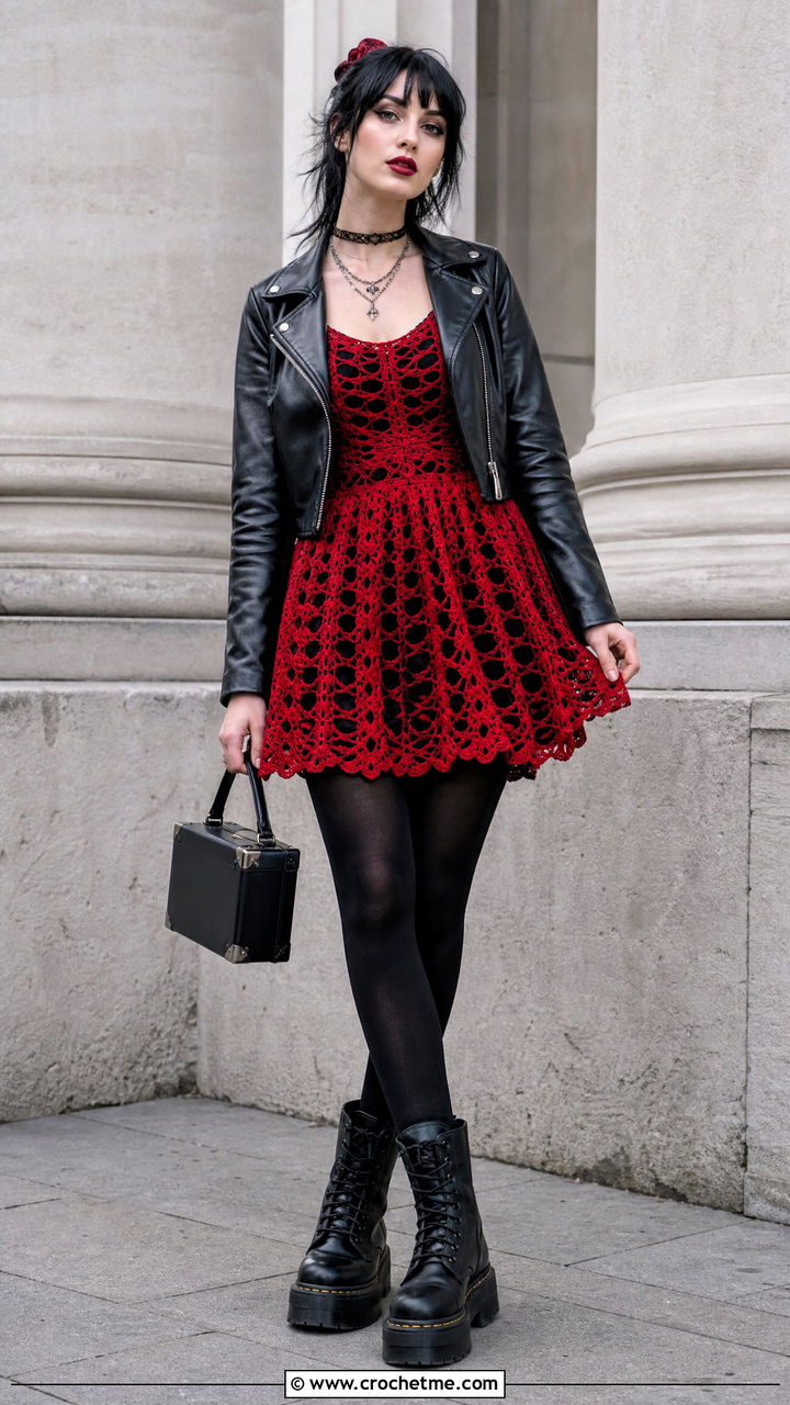 Crochet Goth Babydoll Dress With Biker Jacket - 35 Crochet Goth Clothes and outfit ideas