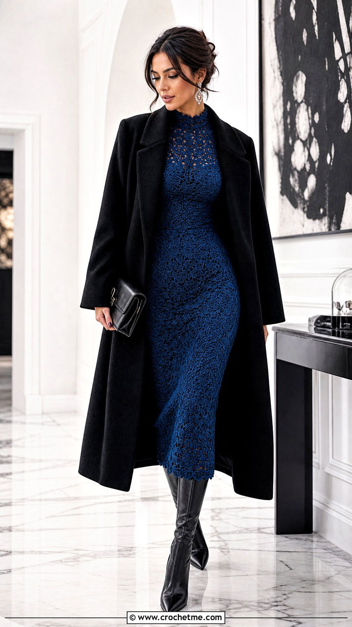 Crochet Goth Bodycon Dress With Oversized Coat - 35 Crochet Goth Clothes and outfit ideas