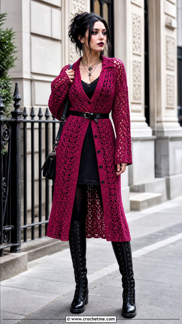 Crochet Goth Cardigan Dress With Lace Up Boots - 35 Crochet Goth Clothes and outfit ideas