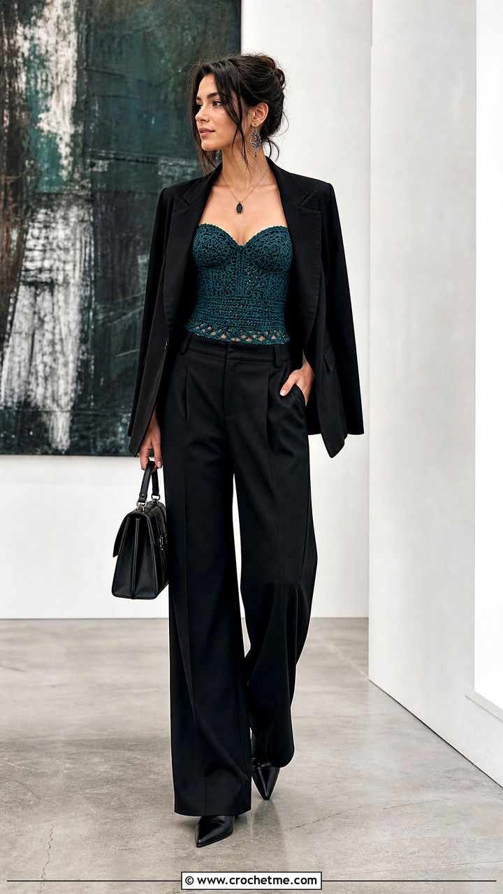 Crochet Goth Corset Top With Wide Leg Trousers - 35 Crochet Goth Clothes and outfit ideas