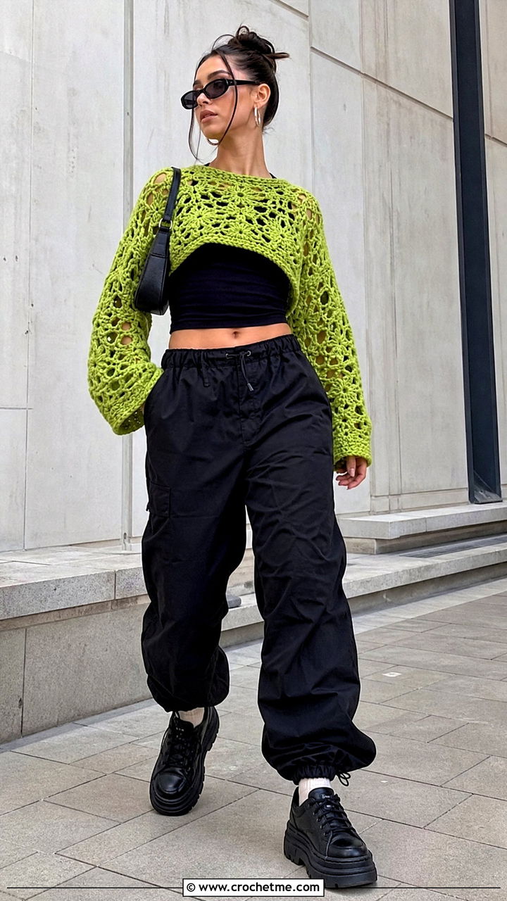 Crochet Goth Crop Sweater With Parachute Pants - 35 Crochet Goth Clothes and outfit ideas