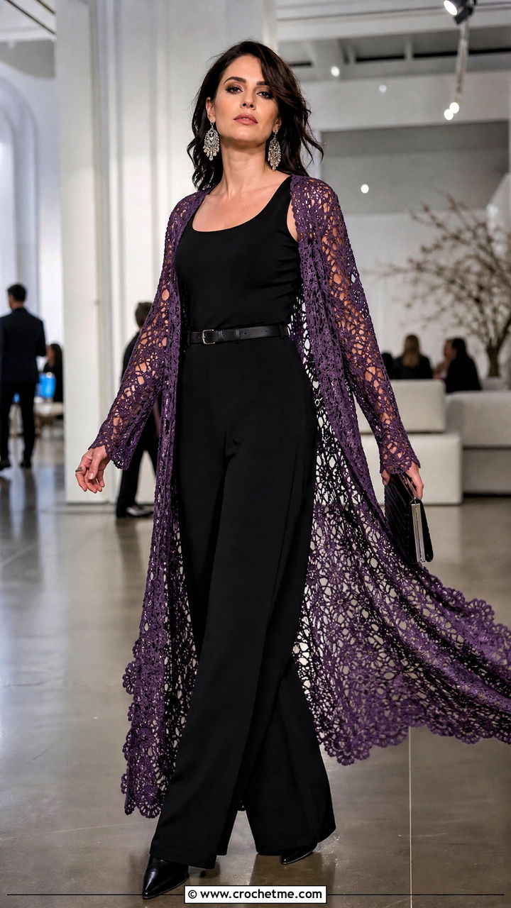 Crochet Goth Duster With Monochrome Jumpsuit - 35 Crochet Goth Clothes and outfit ideas