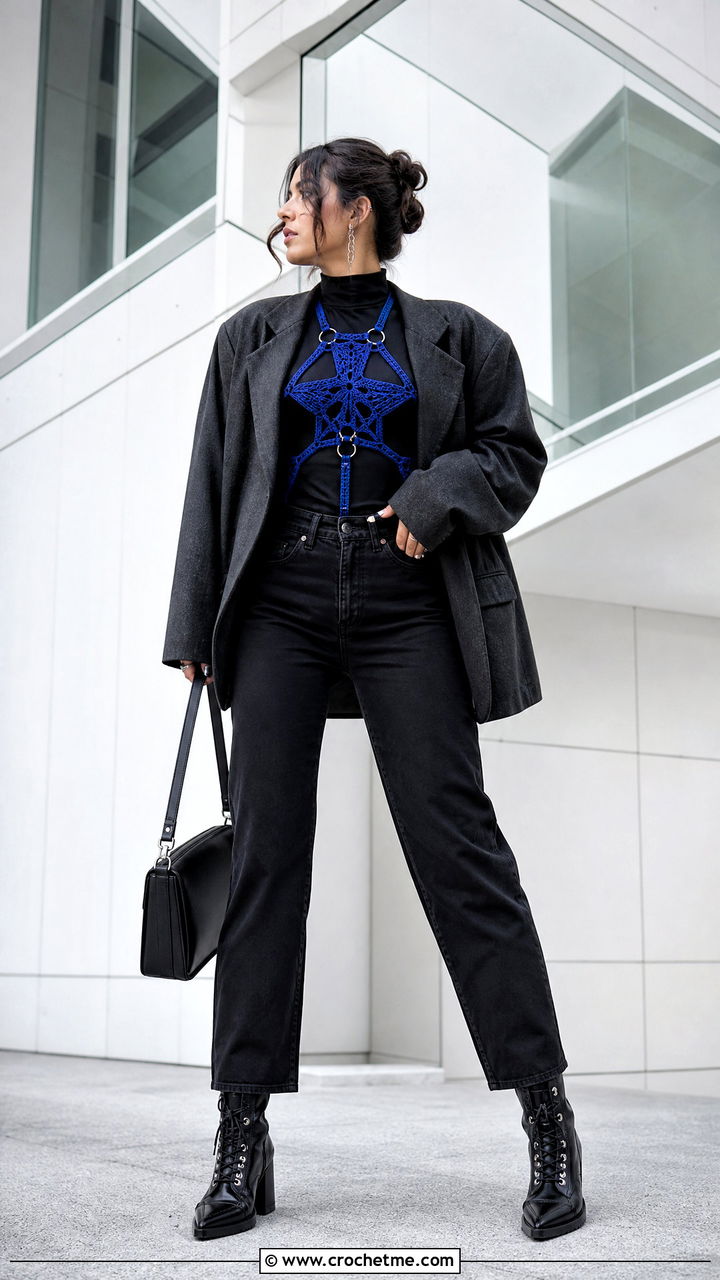 Crochet Goth Harness With Oversized Blazer - 35 Crochet Goth Clothes and outfit ideas