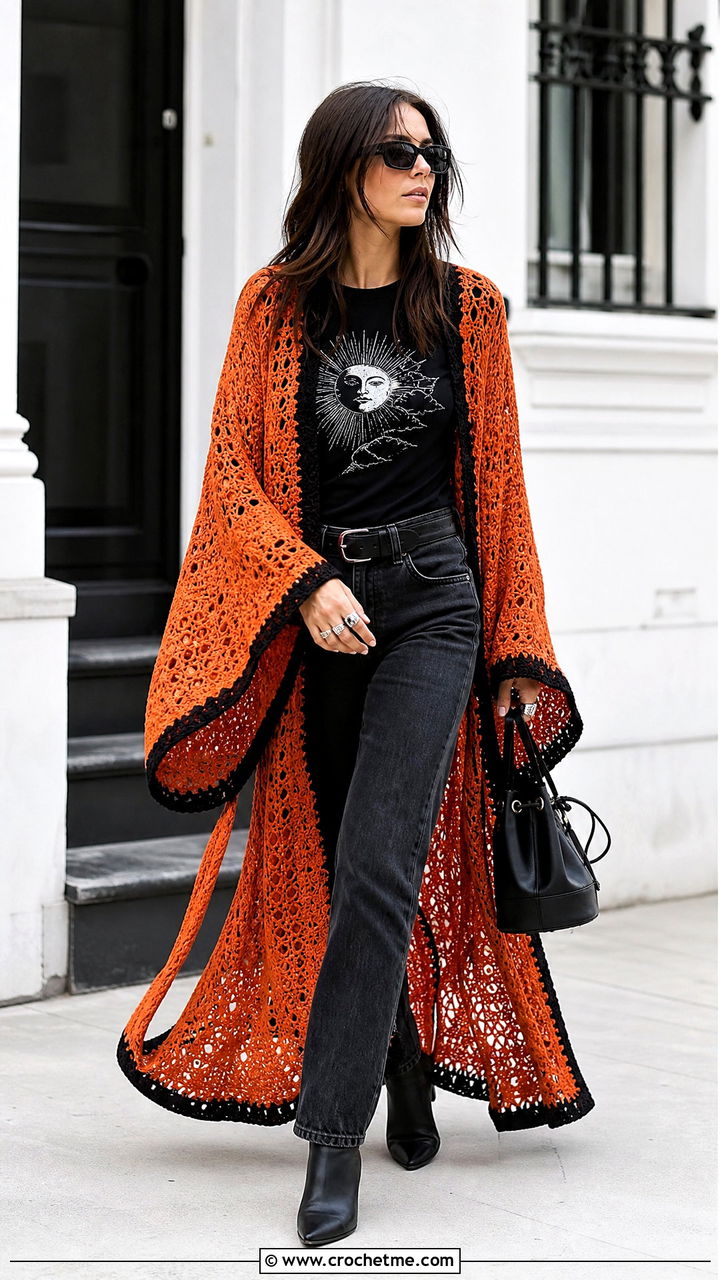 Crochet Goth Kimono With Graphic Tee - 35 Crochet Goth Clothes and outfit ideas