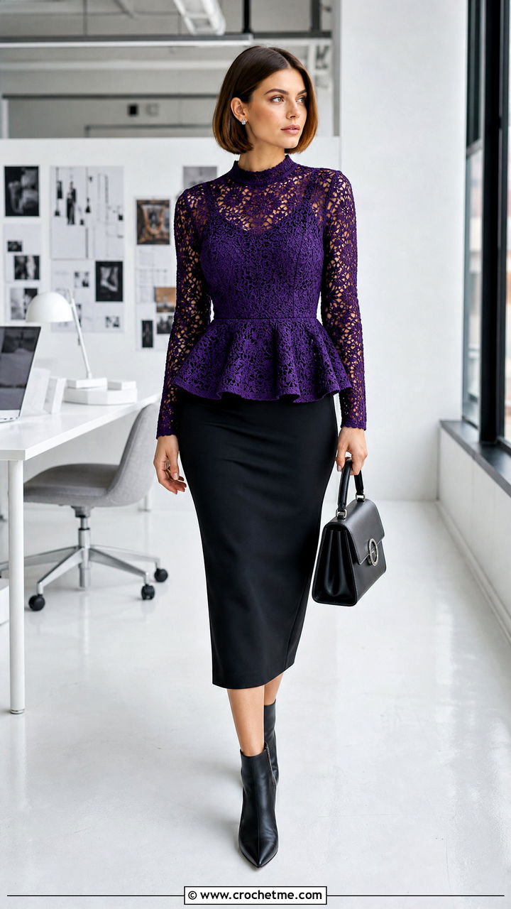 Crochet Goth Peplum Top With Pencil Skirt - 35 Crochet Goth Clothes and outfit ideas