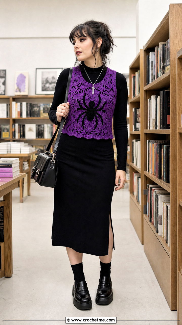 Crochet Goth Sweater Vest With Midi Dress - 35 Crochet Goth Clothes and outfit ideas