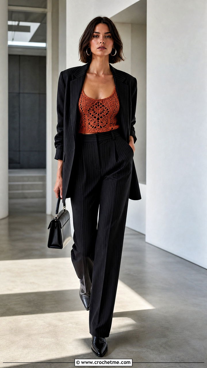 Crochet Goth Tank Top With Pinstripe Suit - 35 Crochet Goth Clothes and outfit ideas