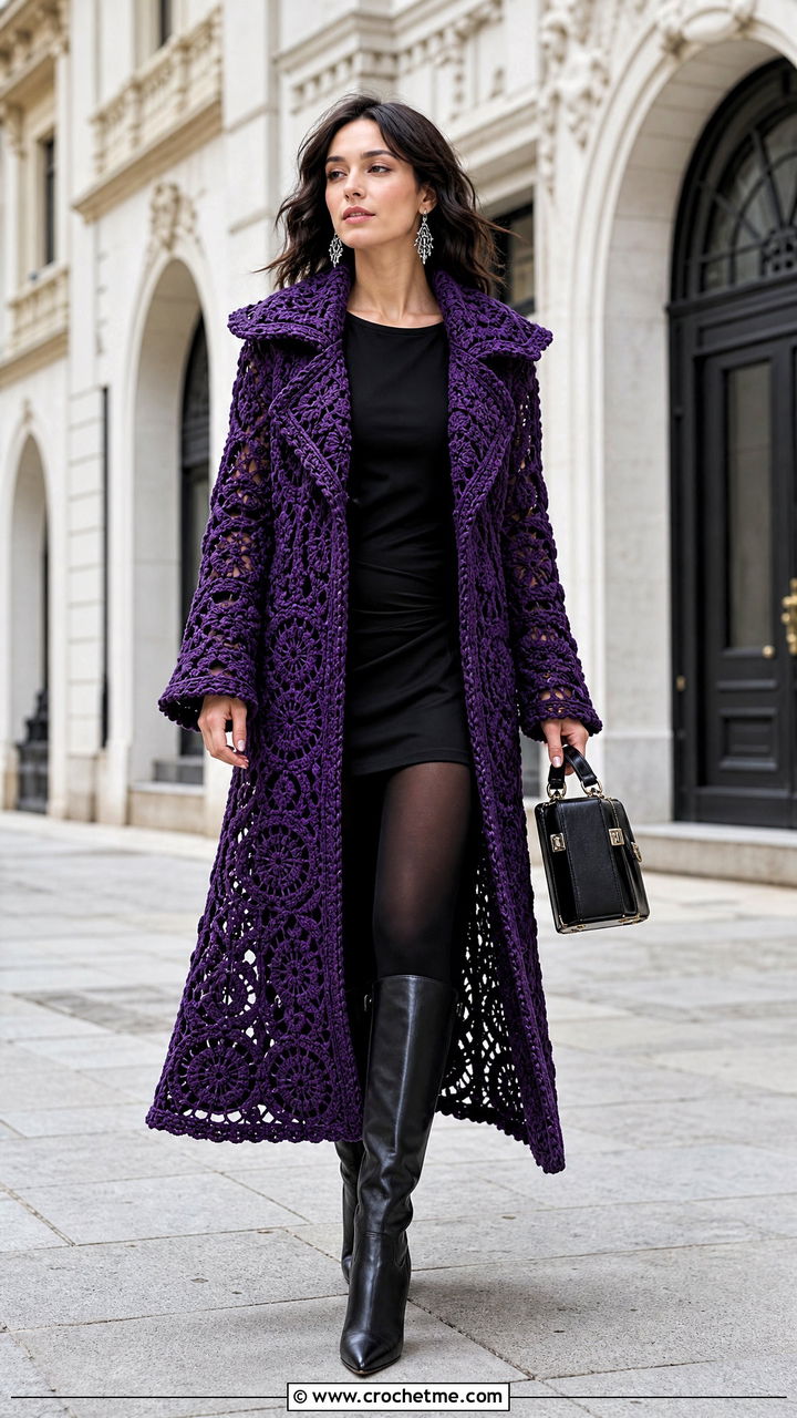 Crochet Goth Trench Coat With Mini Dress - 35 Crochet Goth Clothes and outfit ideas
