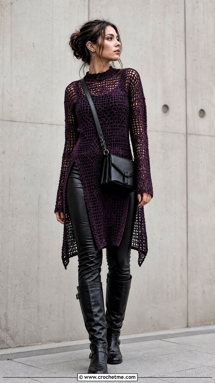 Crochet Goth Tunic With Leather Leggings - 35 Crochet Goth Clothes and outfit ideas