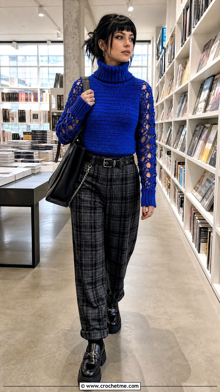 Crochet Goth Turtleneck With Plaid Pants - 35 Crochet Goth Clothes and outfit ideas
