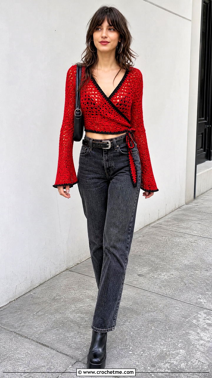 Crochet Goth Wrap Top With Straight Leg Jeans - 35 Crochet Goth Clothes and outfit ideas