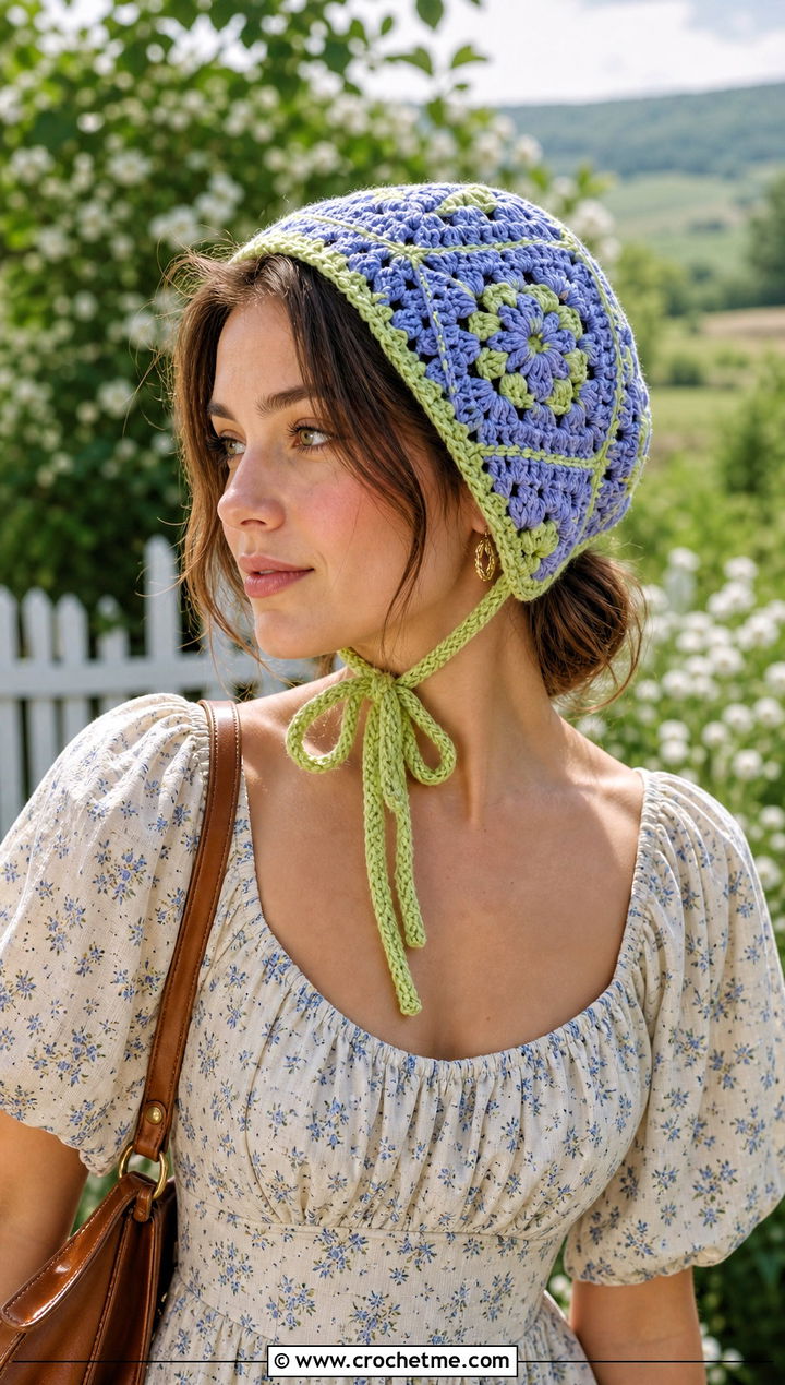 Crochet Granny Bonnet Hat With Prairie Dress - 20 Granny Crochet Hat outfit ideas