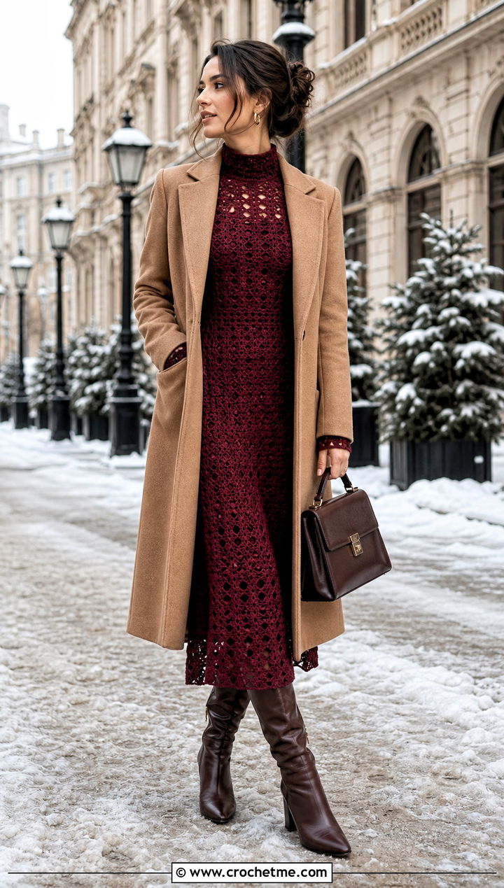 Crochet Granny Dress With Structured Coat - 25 crochet 60s dress outfit ideas