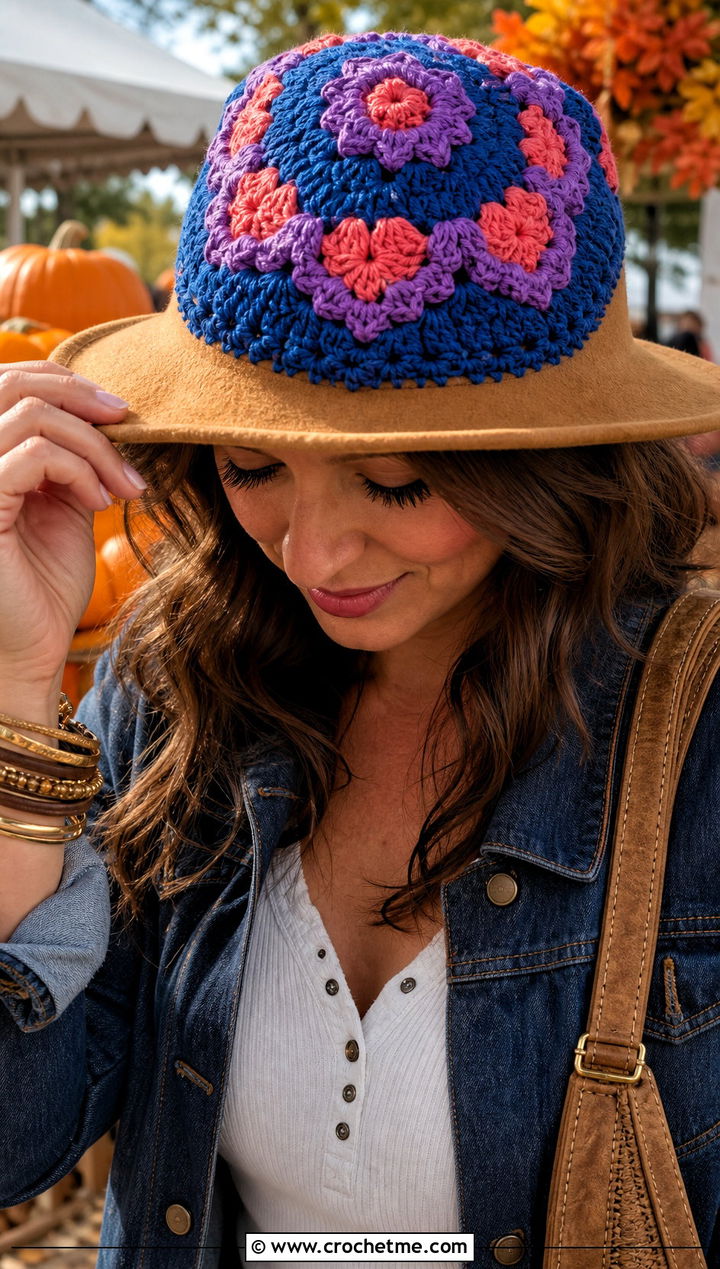 Crochet Granny Flower Hat Topper With Boho Denim Outfit - 20 Crochet Hat Toppers Ideas