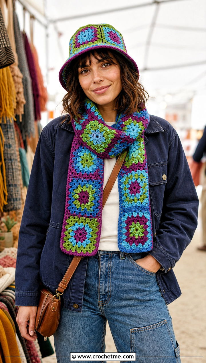 Crochet Granny Square Bucket Hat And Granny Square Scarf With Chore Jacket - 15 Easy Crochet Hat And Scarf Set outfit ideas