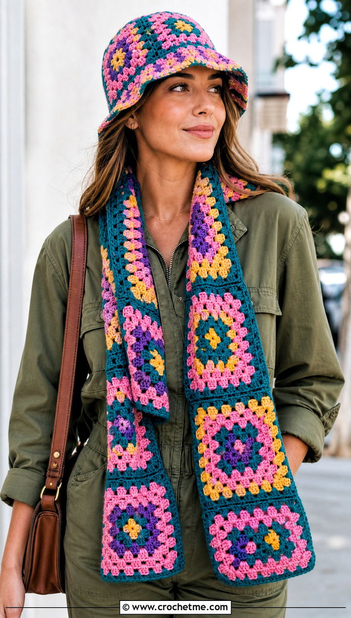 Crochet Granny Square Bucket Hat And Scarf With Utility Jumpsuit - 15 Crochet Scarf Hat outfit ideas