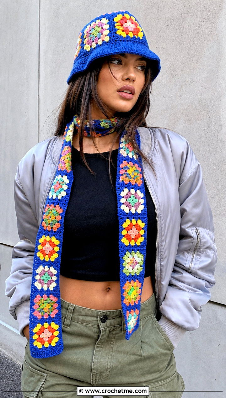Crochet Granny Square Bucket Hat And Skinny Scarf With Cargo Pants - 25 crochet scarf hat combo outfit ideas