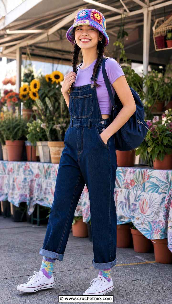 Crochet Granny Square Bucket Hat With Overalls - 35 quick crochet hat outfit ideas