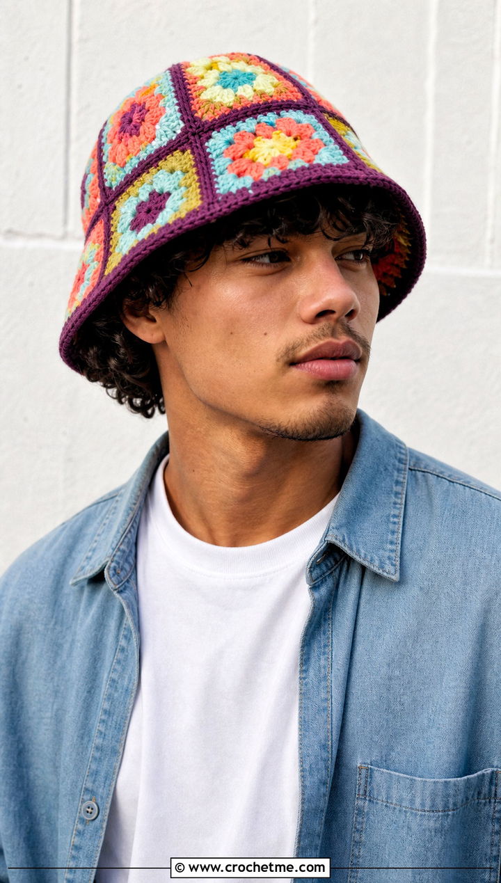 Crochet Granny Square Bucket Hat With Streetwear - 15 Crochet Mens Hats outfit ideas