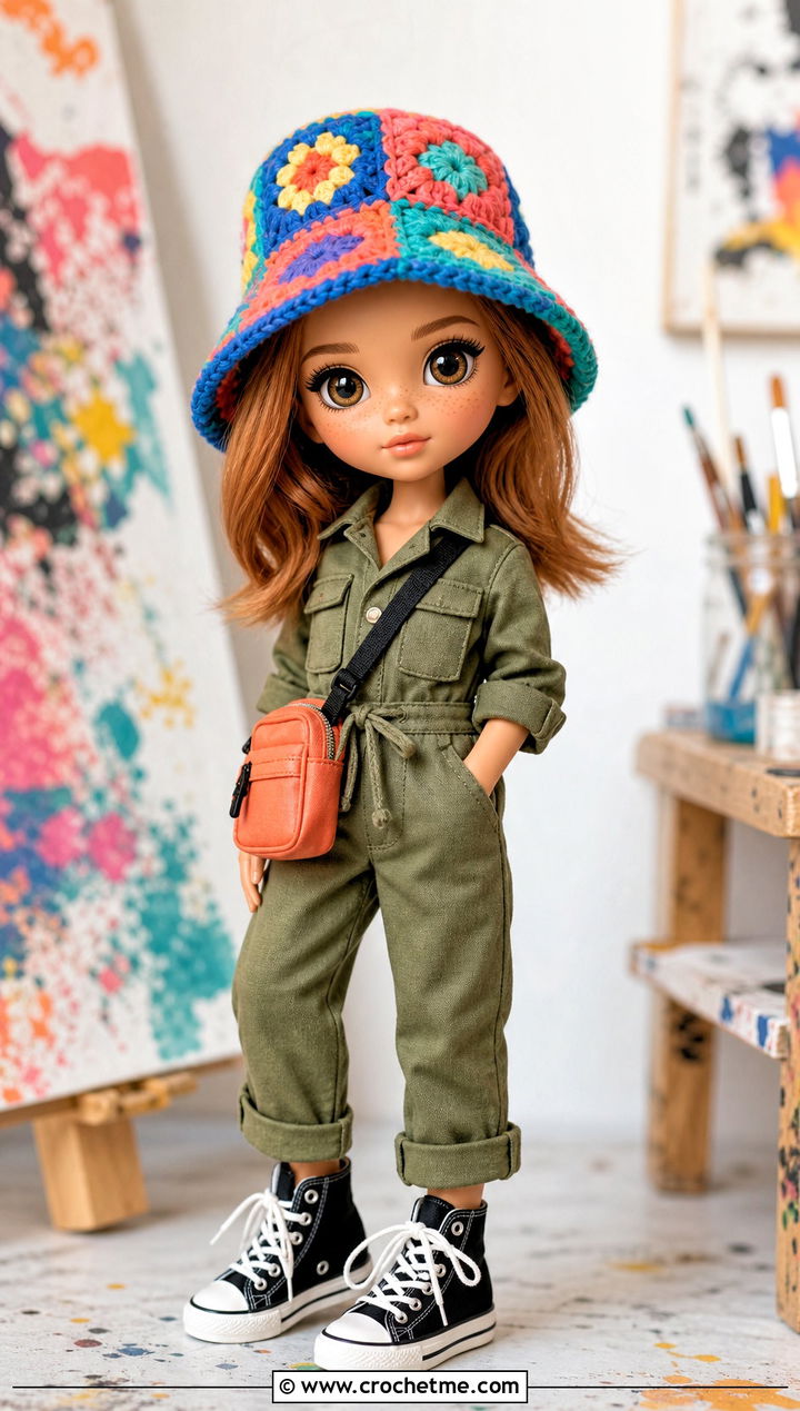 Crochet Granny Square Bucket Hat With Utility Jumpsuit - 35 crochet hat for doll outfit ideas