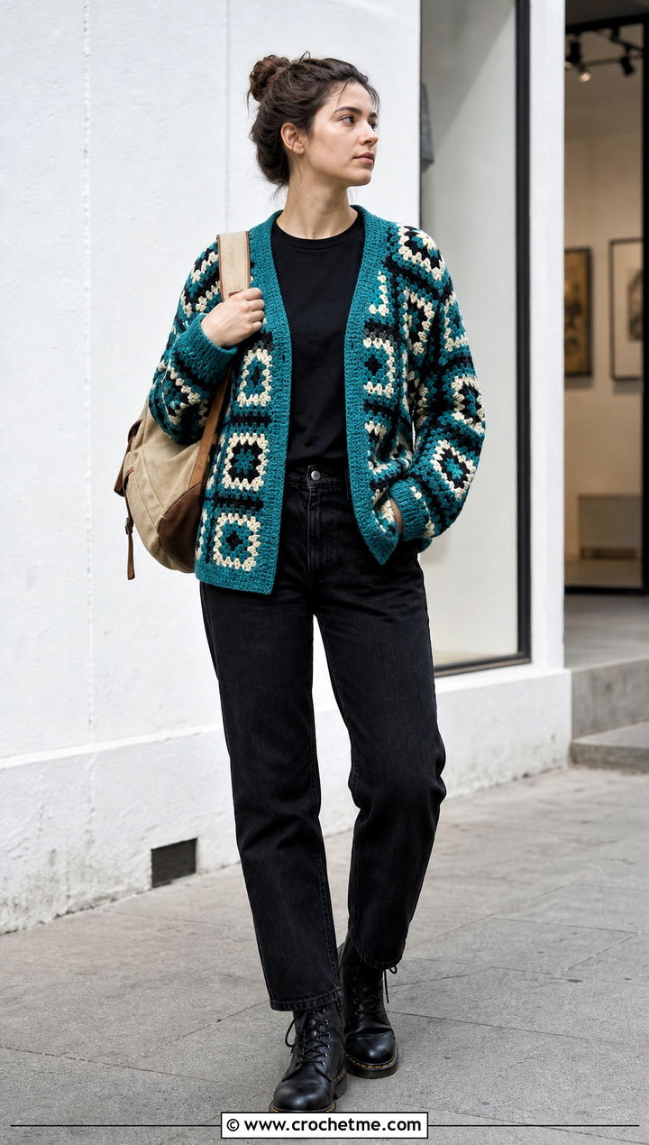 Crochet Granny Square Cardigan With Black Jeans - 30 Masc Crochet Clothes and outfit ideas