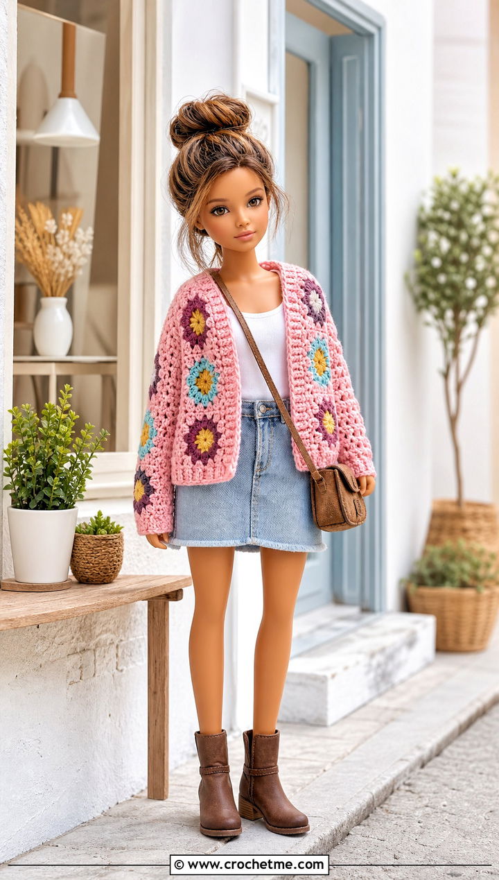 Crochet Granny Square Cardigan With Denim Skirt - 25 Crochet Small Doll Clothes and outfit ideas