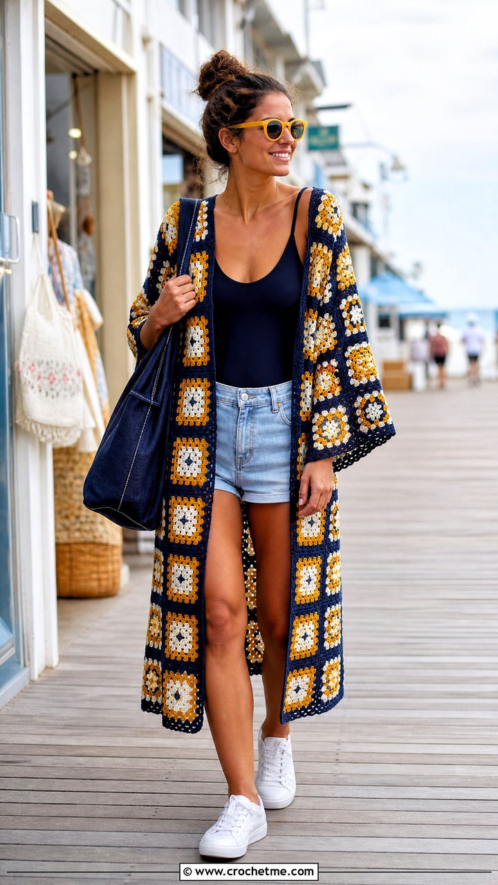 Crochet Granny Square Coverup With Denim Shorts - 35 Crochet Beach Coverup outfit ideas