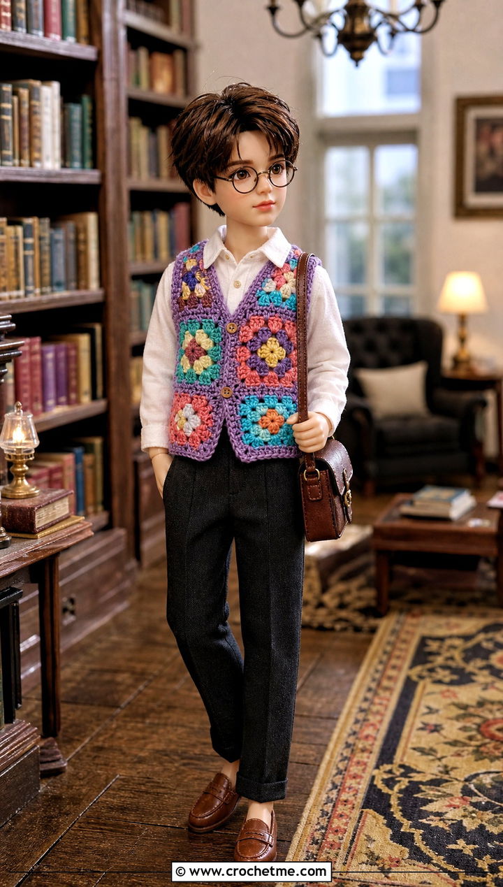 Crochet Granny Square Doll Vest With Tailored Trousers - 25 Crochet Mini Doll Clothes and outfit ideas