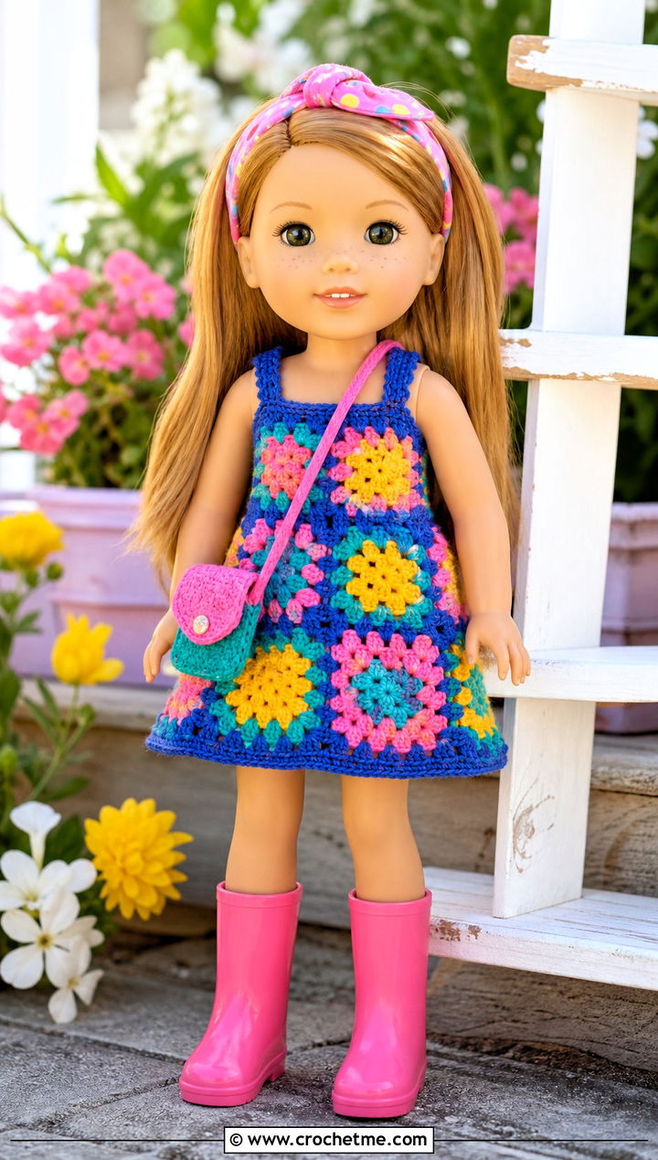 Crochet Granny Square Dress With Wellie Boots - 15 Crochet Wellie Wishers Doll Clothes and outfit ideas