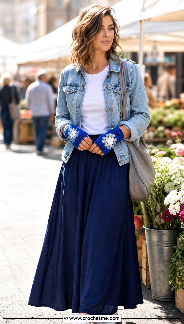 Crochet Granny Square Fingerless Gloves With Denim Jacket And Maxi Skirt - 15 Crochet Tipless Gloves outfit ideas
