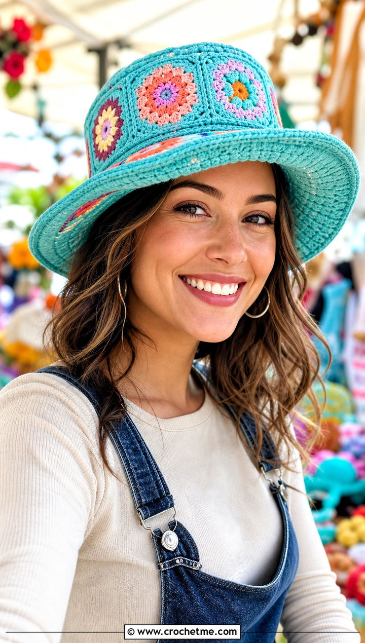 Crochet Granny Square Flat Top Hat With Overalls - 20 Flat Top Crochet Hat outfit ideas