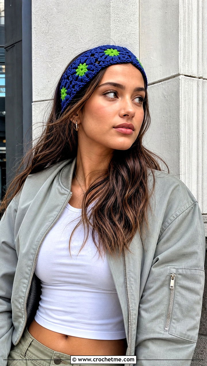 Crochet Granny Square Flower Headband With Cargo Pants - 15 crochet flower headband and clip outfit ideas