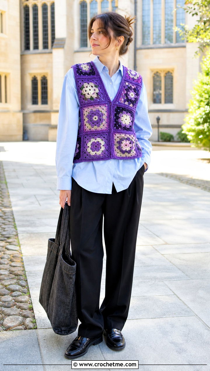 Crochet Granny Square Flower Vest With Poplin Shirt - 30 Crochet Flower Outfit ideas