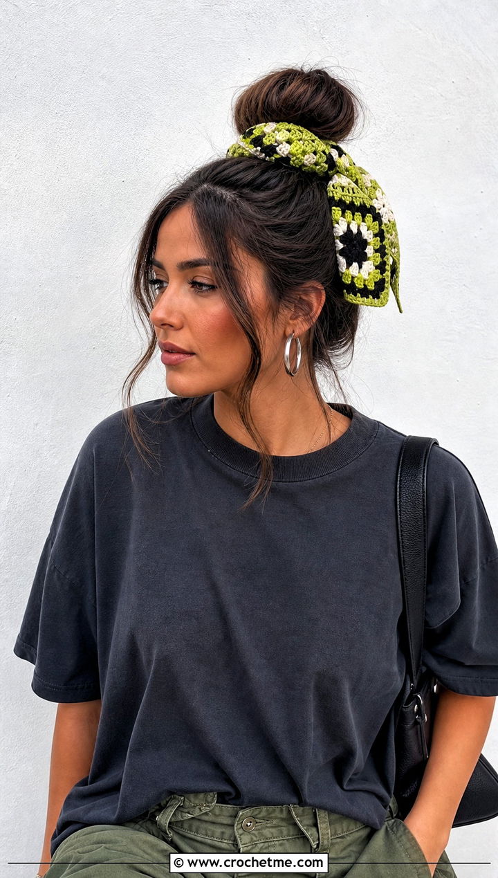 Crochet Granny Square Hair Tie Scarf With Cargo Pants - 20 crochet hair tie scarf outfit ideas