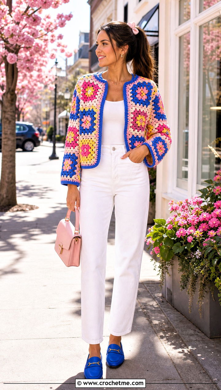 Crochet Granny Square Jacket With White Jeans - 25 coquette crochet clothes and outfit ideas