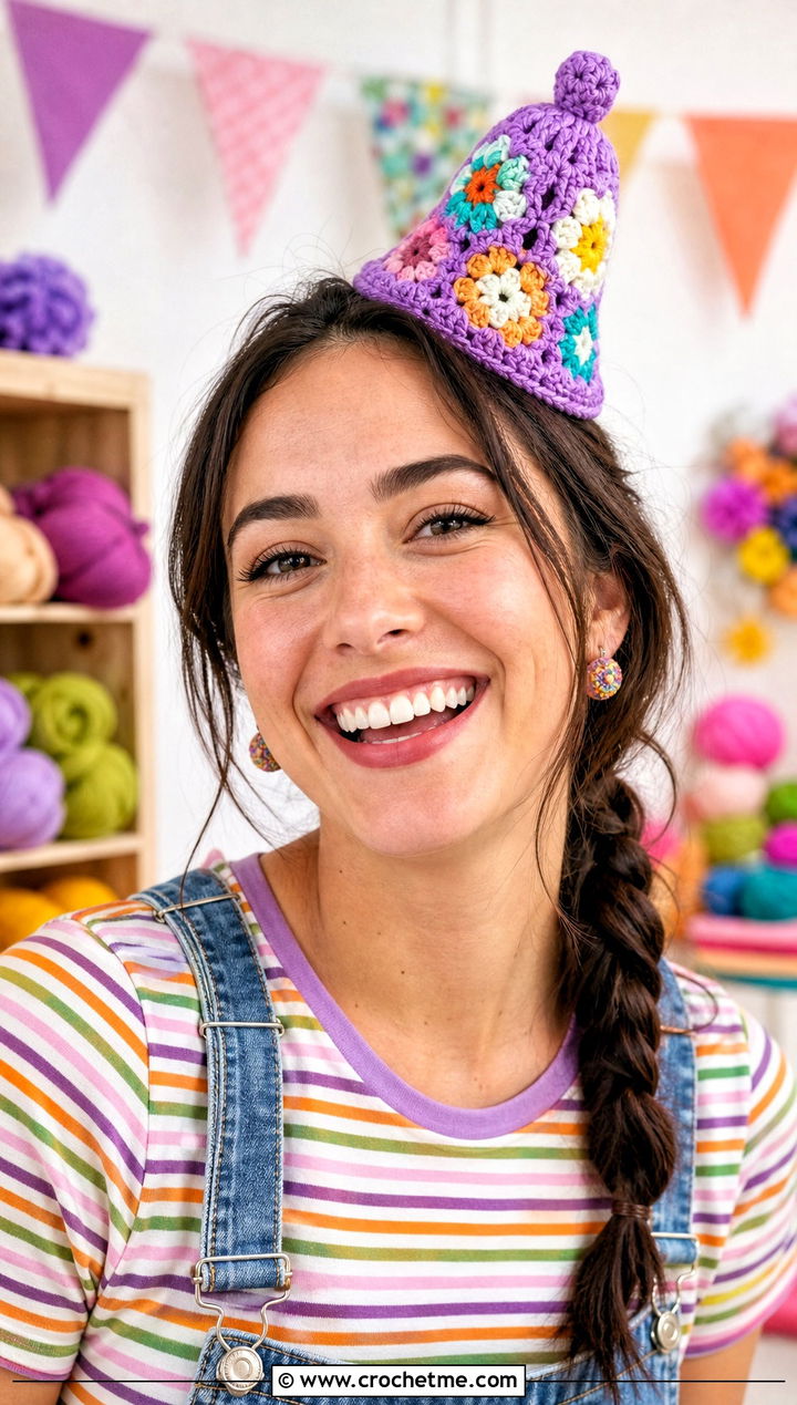 Crochet Granny Square Mini Birthday Hat With Denim Overalls - 25 Crochet Mini Birthday Hat outfit ideas