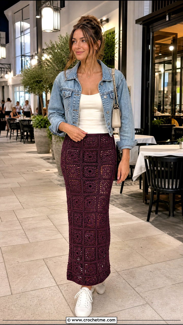 Crochet Granny Square Slip Skirt With Denim Jacket - 35 crochet granny skirt outfit ideas