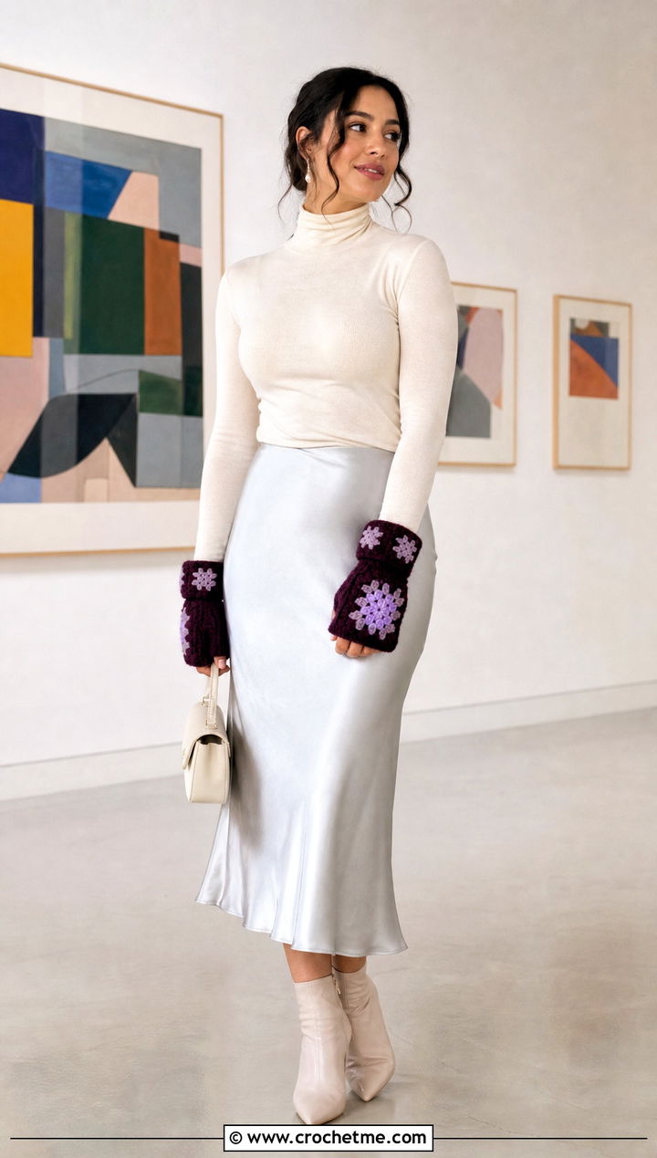 Crochet Granny Square Star Gloves With Satin Midi Skirt - 35 crochet star gloves outfit ideas