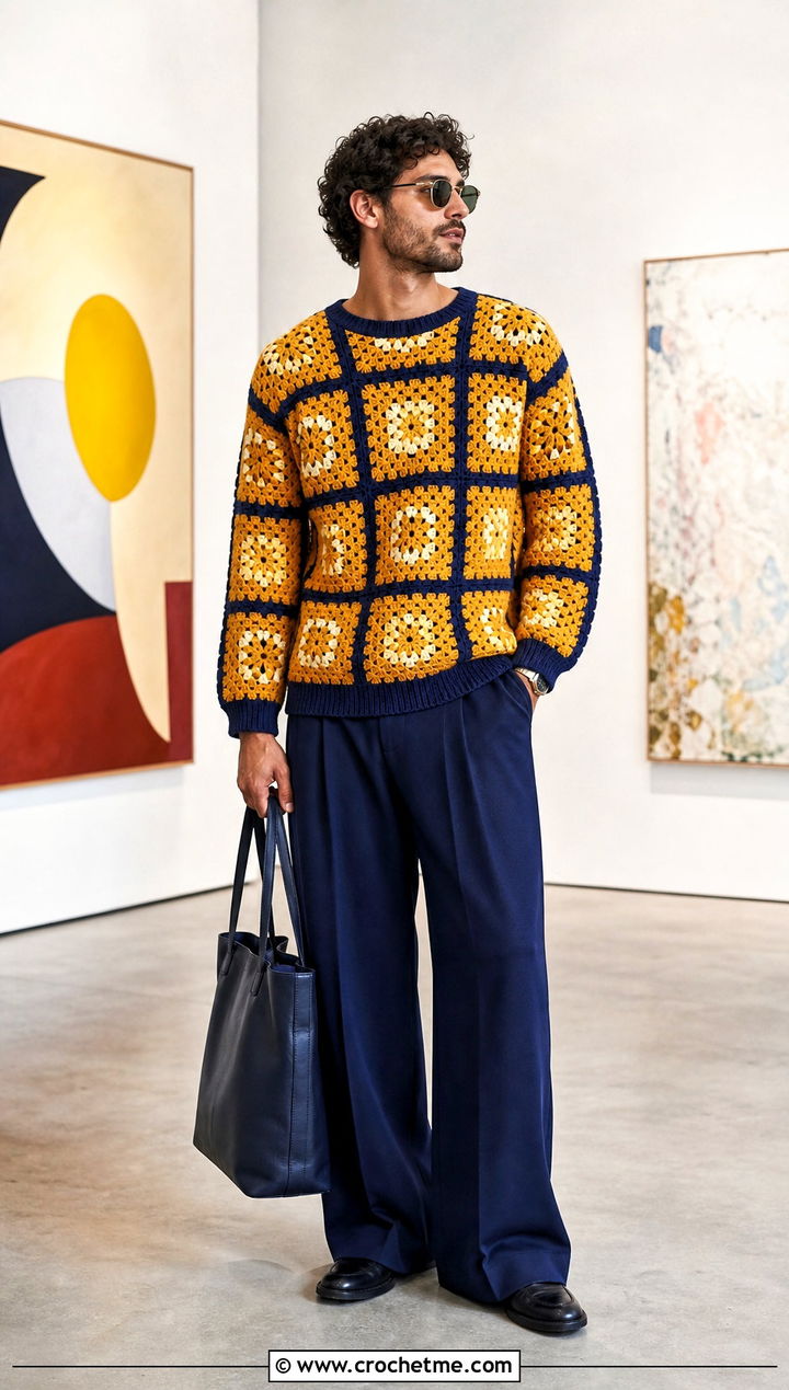Crochet Granny Square Sweater With Wide Leg Pants - 30 Easy Crochet Mens Sweater outfit ideas