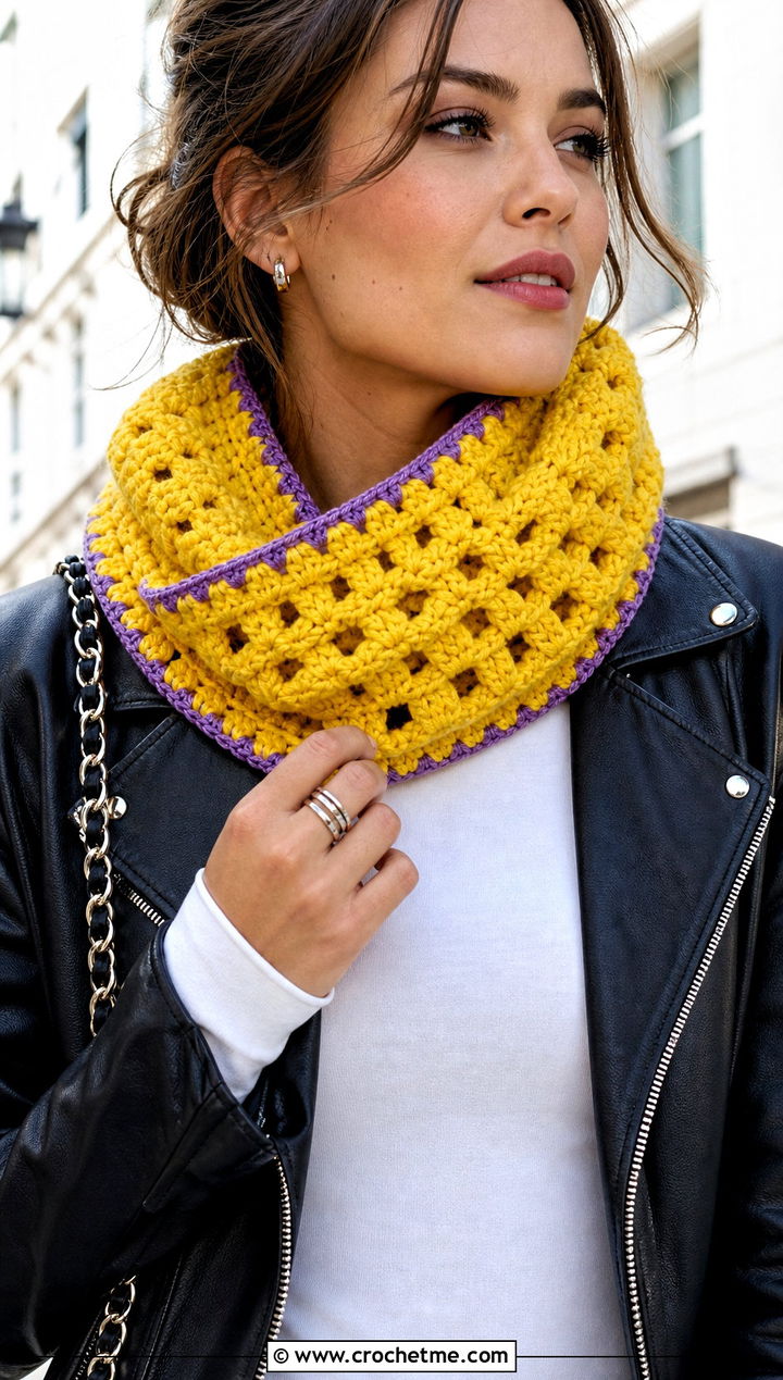 Crochet Granny Stitch Cowl Scarf With Moto Jacket - 30 crochet granny stitch scarf outfit ideas