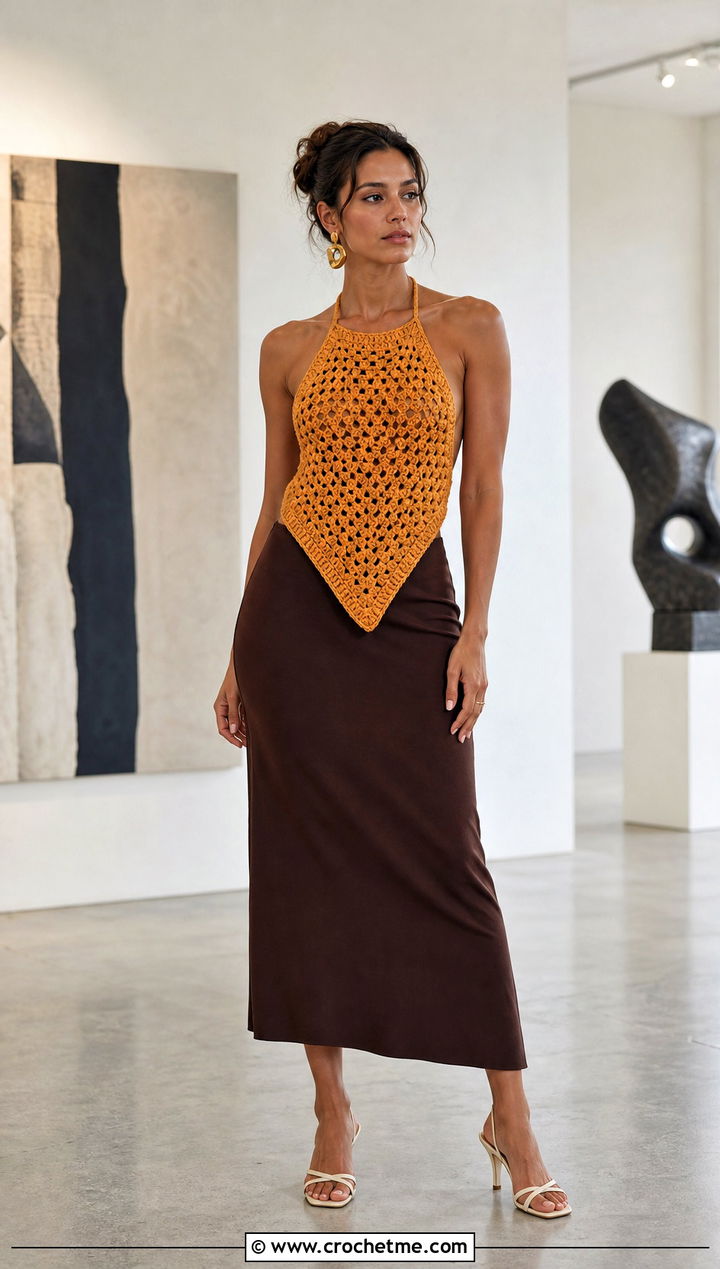 Crochet Granny Triangle Asymmetric Top With Column Skirt - 25 crochet granny triangle top outfit ideas