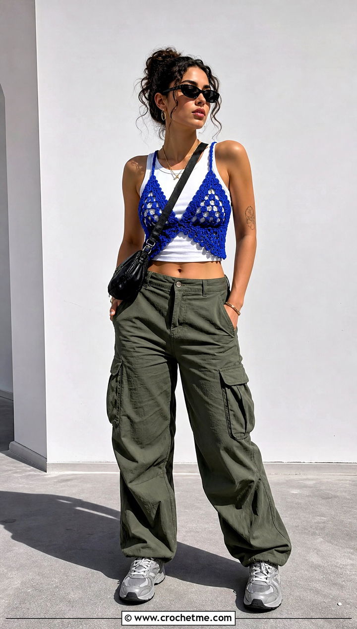 Crochet Granny Triangle Crop Top With Cargo Pants - 25 crochet granny triangle top outfit ideas