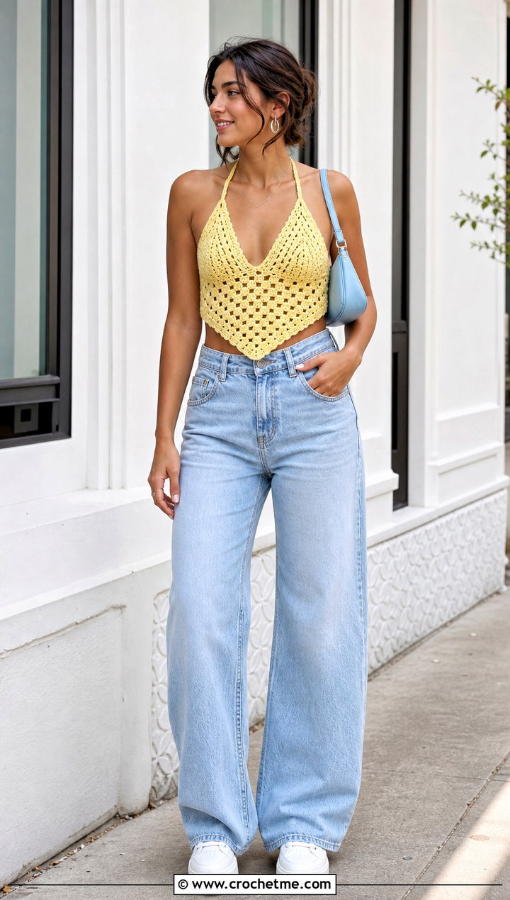 Crochet Granny Triangle Halter Top With Wide Leg Jeans - 25 crochet granny triangle top outfit ideas