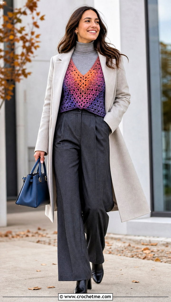 Crochet Granny Triangle Layered Top With Turtleneck - 25 crochet granny triangle top outfit ideas