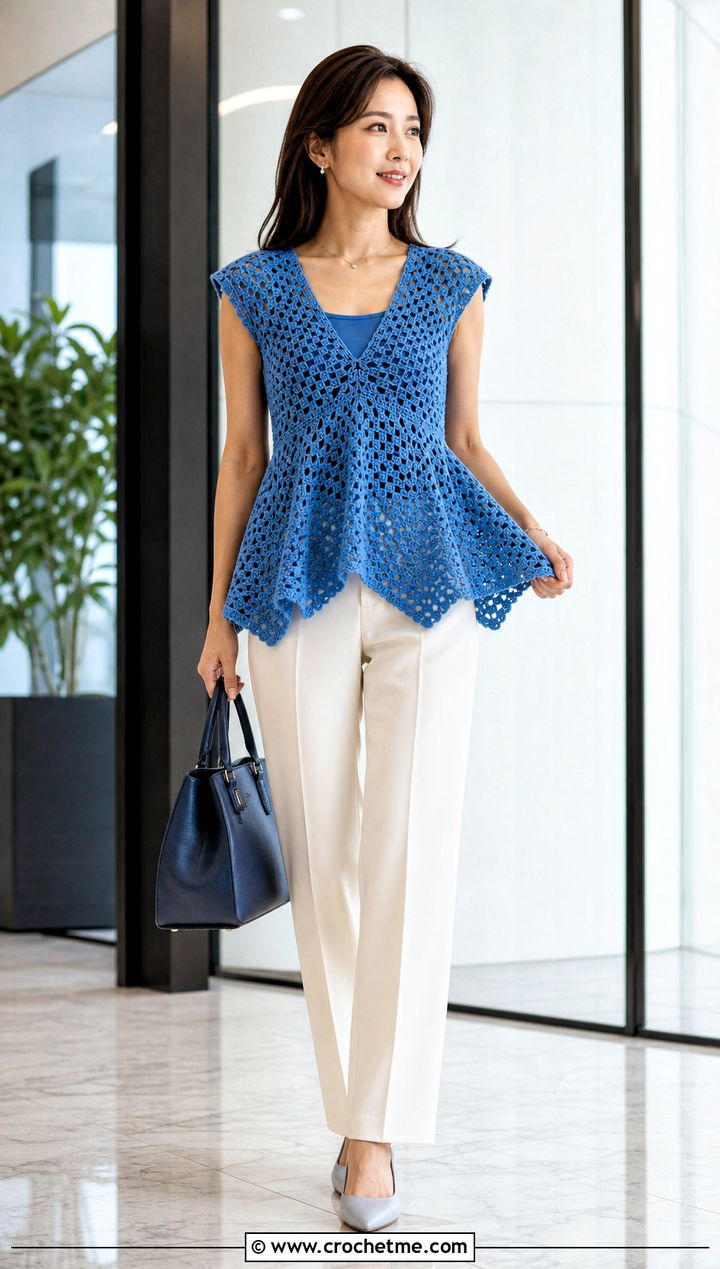 Crochet Granny Triangle Peplum Top With Straight Pants - 25 crochet granny triangle top outfit ideas
