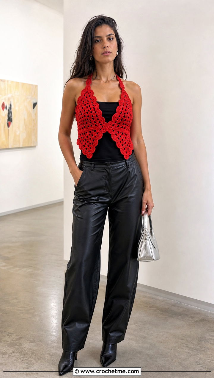 Crochet Granny Triangle Scalloped Top With Leather Pants - 25 crochet granny triangle top outfit ideas