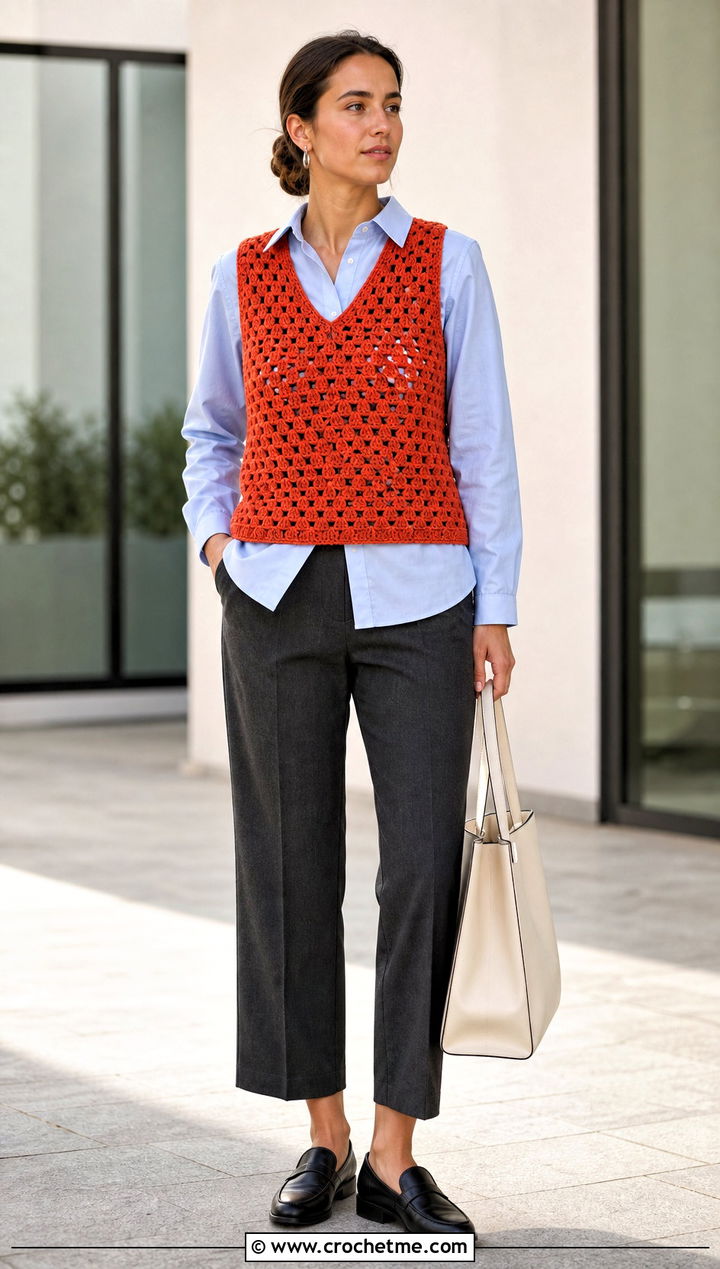 Crochet Granny Triangle Vest Top With Poplin Shirt - 25 crochet granny triangle top outfit ideas